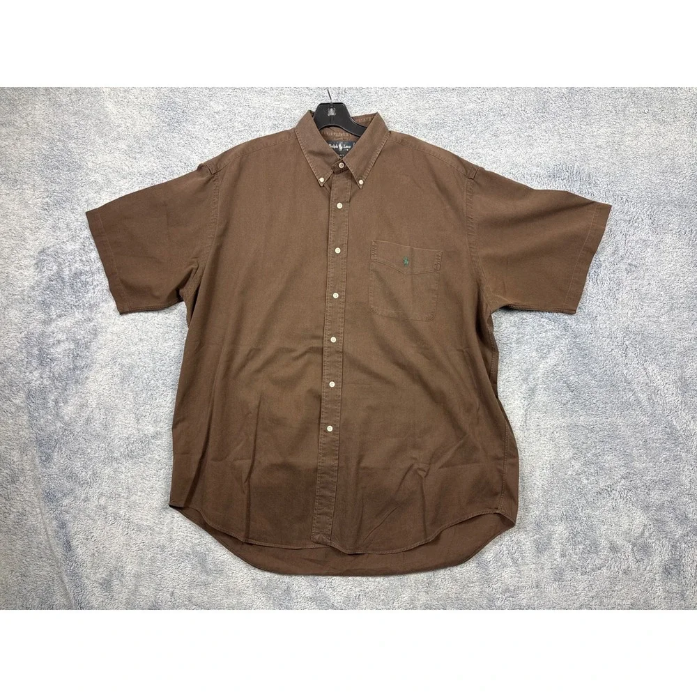 Ralph Lauren Mens XL Brown Blake Short Sleeve Button Down Cotton Shirt Logo